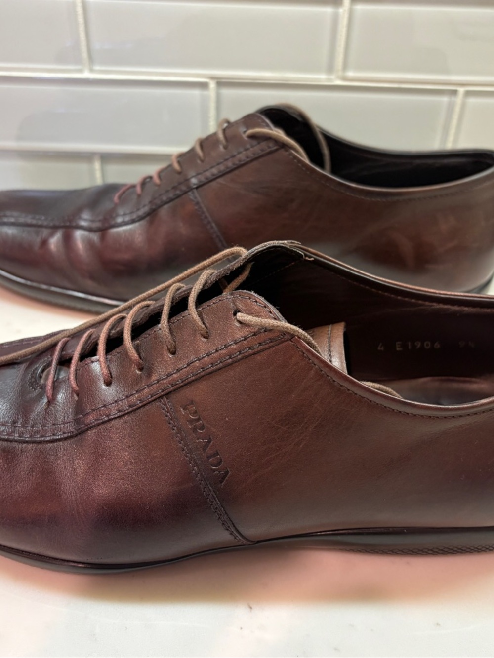 Prada Men's Brown Leather Lace-Up Oxfords - Picture 4 of 16
